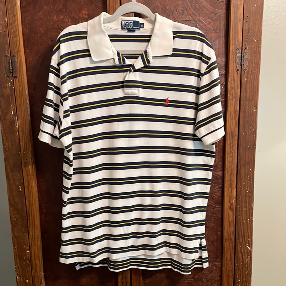 Polo by Ralph Lauren Men's Polo Shirt - White, Navy, and Yellow Stripes